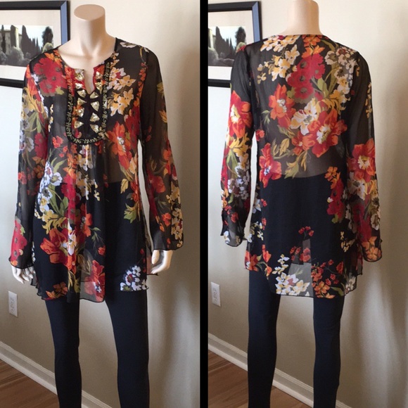 Tops - Floral Sheer Embellished Tunic